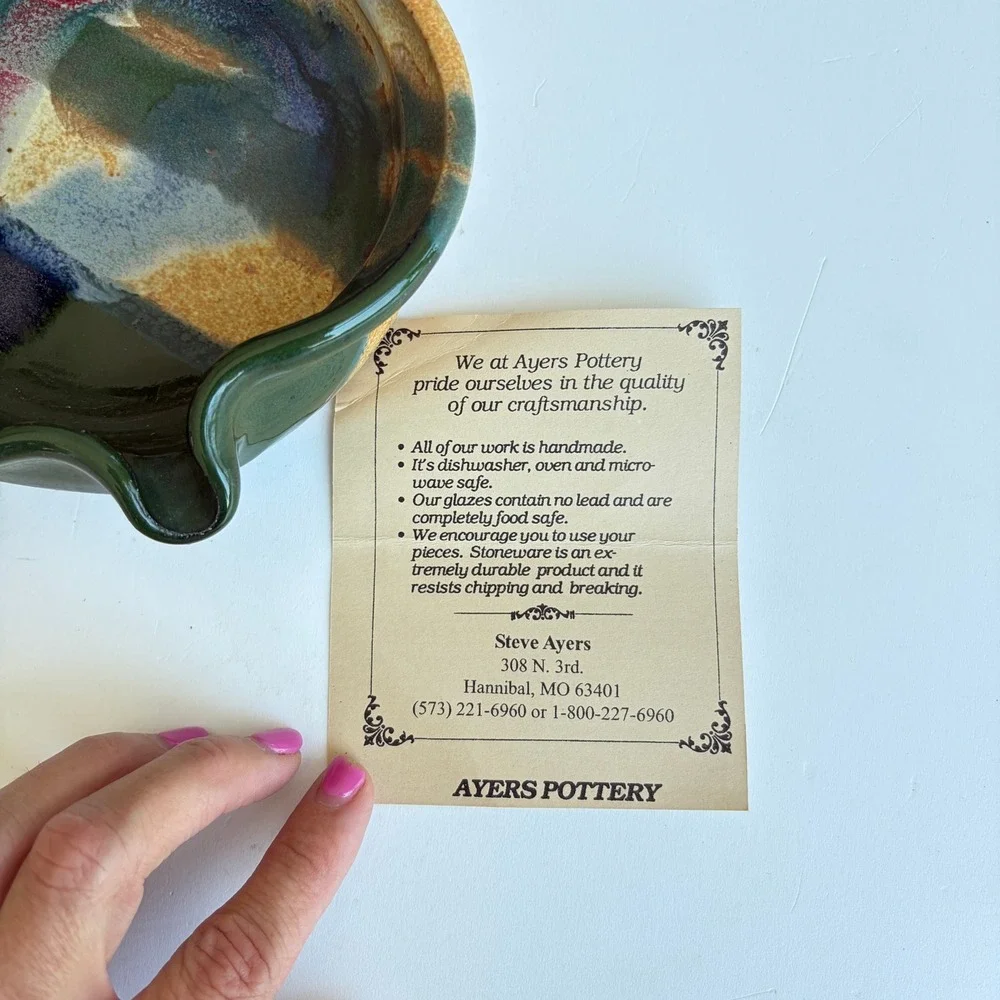 Ayers Pottery Steve Ayers Handmade Stoneware Brie Baker Green Multi Glaze 2003